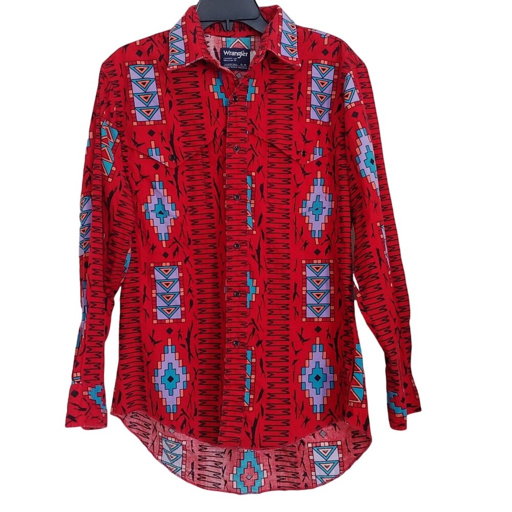 Wrangler Cowboy Cut Long Tails Western Rodeo Native Aztec Button Shirt 16-34 - Picture 1 of 10